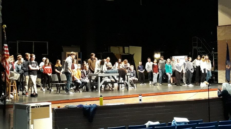 The spring musical had rehearsal on Wednesday, January 16th. They are rehearsing a scene from The Addams Family with the whole cast on stage.
