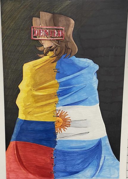 My piece is the representation of nationality. The girl in the drawing is supposed to represent
myself, with the flags stitched together to represent my identity. I have a hispanic background and I have always been proud of that, but sometimes I feel like I do not belong in that community. I am a second generation Argentine-Colombian, but I have never been to these countries, my Spanish is not very good, and I barely know my extended family. The denied stamp represents disapproval, the unacceptance in the community. The 15th article states that everyone has the right to nationality and that no one should take that away from them, but how can I feel a sense of belonging when it always felt like it was never mine to begin with.