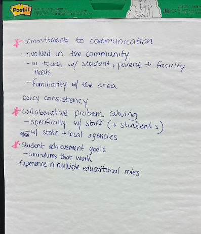 Attendees of the Community Forum were asked to write lists of important characteristics for a superintendent.