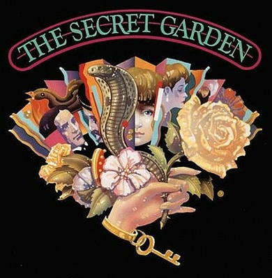 The poster for the Tony Award winning Broadway production of The Secret Garden. The image depicts an artistic rendition of a fan, including floral imagery, animals, and the faces of characters in the musical, as well as a hand holding the fan and wearing a golden key. Image courtesy of Nick Hern Books.