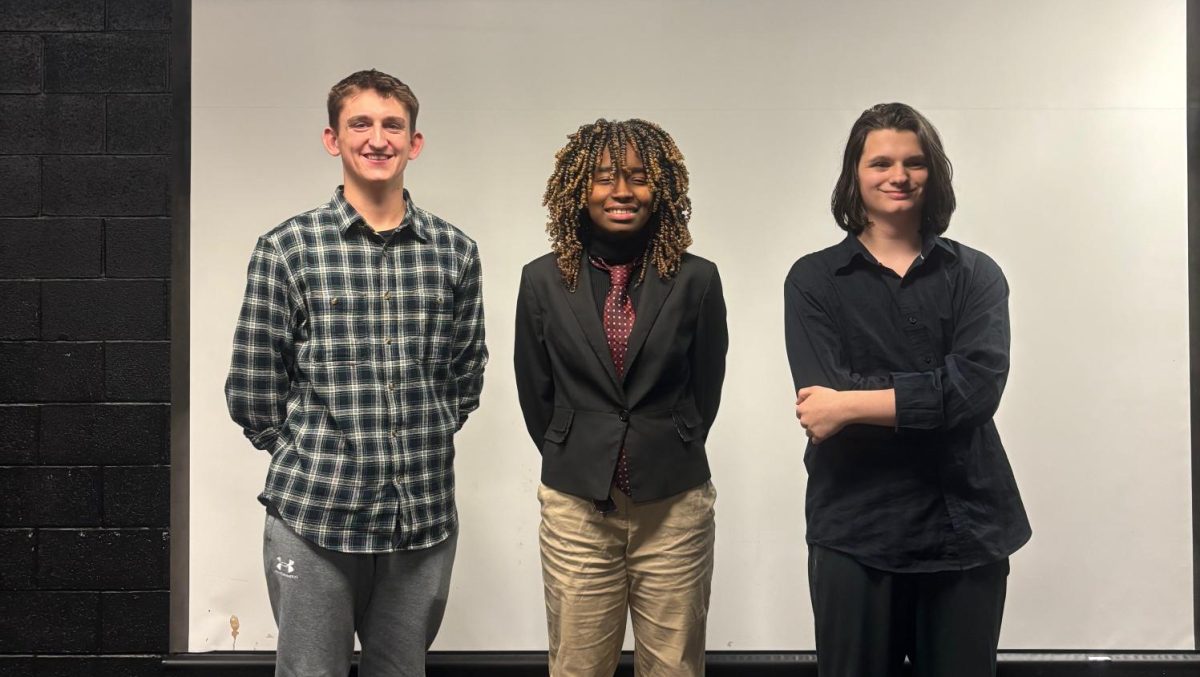 The winners of the 2025 school-wide Poetry Out Loud competition, from left to right: Chase Cassidy, Yaheli Cruz, and Justin Lemons. Cassidy and Cruz advanced to the Northern Hudson Valley Regional competition, where Cruz won.